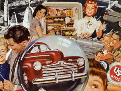 collage artist Sally Edelstein appropriates advt. illustration from the 50's in depicting Atomic Age pop culture