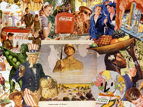 Appropriating vintage 40's 50's advt. illustrations artist Sally Edelstein's collage looks at the begining of Cold War Coca-Colinization of the world by the globalization of multinational corporations