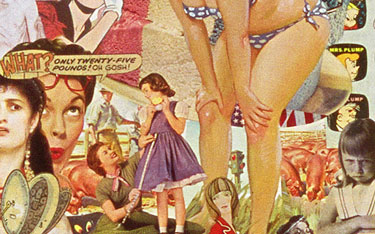 A media obssessed with women and weight as absorbed by baby boom daughters in Sally Edelstein's collage using vintage images