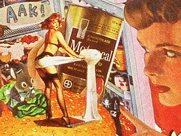 Artist Sally Edelstein pokes fun at Cold War Civil Defense in her collage whose subject portrays the message that Nuclear Attack should not be a detterance for dieting 