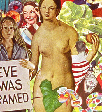Sally Edelstein's collage utilizes vintage illustration from 50's 60' 70s  is a collection of conflicting cutural messages about women and their bodies