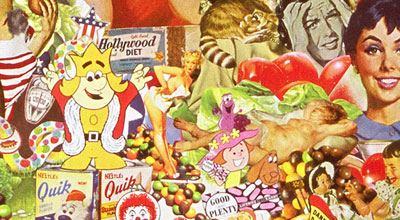 Sally Edelstein's collage utilizing vintage advertising and food illustrations depicts the conflicted cultural messages about women food and dieting