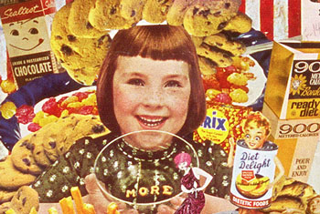Appropriating vintage ads and illustartions Sally Edelstein's collage is a tribute to the ebullience of appetite and abundance in Cold War popular culture
