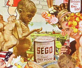 Sally Edelstein's ironic collage utilizing vintage 50's 60's advt illustrations looks at Cold war cultural imperialism