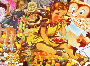  Sally Edelstein's collage of the sugar saturated childhood of baby boomers is composed of retro illustrations from the 50's