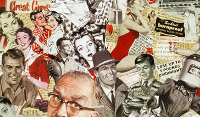 Sally Edelsteins collage composed of vintage adv. illustration is a landscape of Atomic Age American affluence and cultural consumption of the 50's