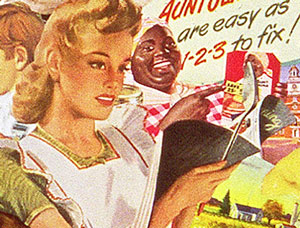 Rosie The Riveter returned to the Post war kitchen in Sally Edelsteins collage utilizing vintage illustration from 40s 50s