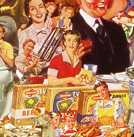Appropriating vintage advertising and illustrations from 50s artist sally edelsteins collage defrosts the Cold war culture of TV dinners and happy Housewives
