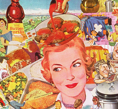 Appropriating vintage food illustrations and advertising artist Sally Edelstein pictures the Post War World of convenience foods