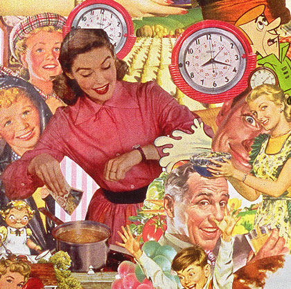 Post War progress in the kitchen as visualized by artist Sally edelstein's collage appropriating vintage illustrations from 40s 50s