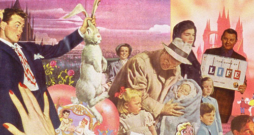 Appropriating vintage mass media images from 50's 60's, collage artist Sally Edelstein questions the fairy tale notion of living happily ever after
