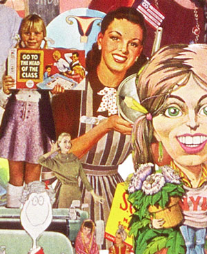 appropriating vintage advertising and illustration from 50s 60s artist Sally Edelstein's collage reshuffles cultural cliches of medias mixed messages of women and work