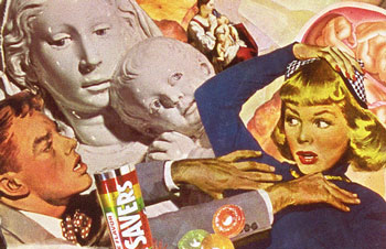  Females defering to men is the theme of Sally Edelsteins collage utilizing vintage illustration from the 50s.