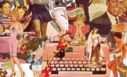 A collage by Sally Edelstein utilizing vintage illustrations is a collection of conflicting cultural messages about women and work in the 60s