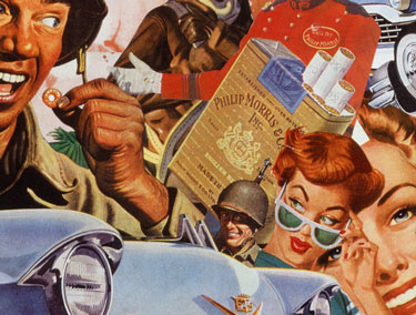 Collage Artist Sally Edelstein appropriates 1940's 50's pop culture imagery in picturing Post War consumer America