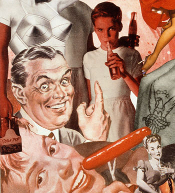 Artist Sally Edelstein borrows imagery from the American dream filled pop culture of the 1950's in her collage about American Cold war propaganda