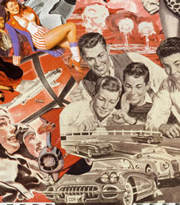 Sally Edelstein's collage of appropriated vintage illustrations looks at a Cold war culture of Mutually Assured Destruction as America and Russia begin the nuclear arms race