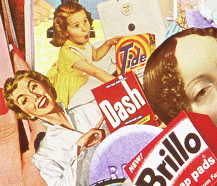 A collage by Sally Edelstein utilizing retro avertising illustration from 50's 60's featuring media stereotypes of 50s happy housewives