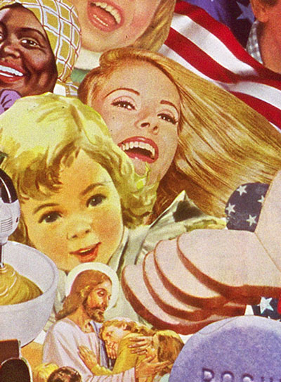 Appropriating vintage 50's advt illustration Sally Edelstein's collage looks at irony of Cold war propaganda of American way of life characterized by freedom and tolerance despite racial strife at home