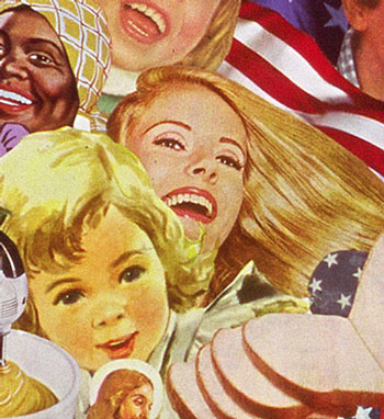 Sally Edelstein's collage utilizing vintage images for 50's 60s is a collection of post war media imagery obssessed with the cult of blondness