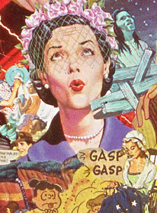 Appropriating vintage illustrations from the 50's artist Sally Edelstein's collage looks at the begining of Cold war culture