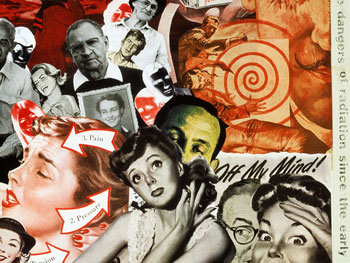 Artist Sally Edelstein's collage utilizing 50's vintage illustrations narrates the story of an unsuspecting public exposed to effects of radiation from Atmospheric Testing of Nuclear Bombs in 1950's