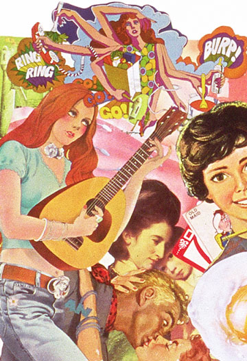 Appropriating vintage illustration from 60's and 70s, collage artist Sally Edelstein reshuffles cliches about pop cultures representation of female choices