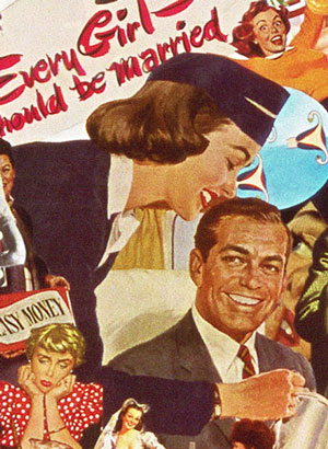 Using vintage 50s 60s illustration, collage Artist Sally Edelstein looks at the sexist world of 60's Stewardesses at a time when every girl should be married in a 